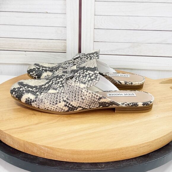 Steve Madden Kandi Snakeskin Horsebit Buckle Slide Loafers Cream Grey 8 - Picture 4 of 11